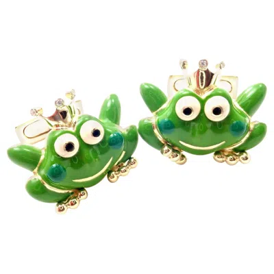 Pre-owned Aaron Basha Diamond Enamel Frog Prince Yellow Gold Cufflinks