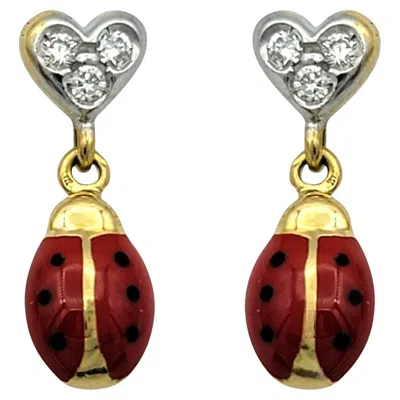 Pre-owned Aaron Basha Diamond Heart And Enamel Ladybug Dangle Earrings In 18 Karat Gold In Multi