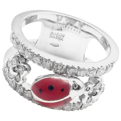 Pre-owned Aaron Basha Diamond Red Enamel Ladybug White Gold Band Ring