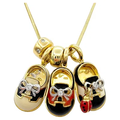 Pre-owned Aaron Basha Enamel And Diamond 'baby Shoe' Charm Necklace 18 Karat Yellow Gold