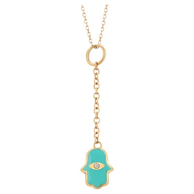 Pre-owned Aaron Basha Vintage 18k Yellow Gold Diamond And Turquoise Enamel Hamsa Pendant