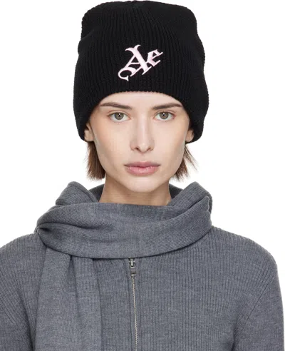 Aaron Esh Black 'ae' Waffle Beanie In Blaxk/pink