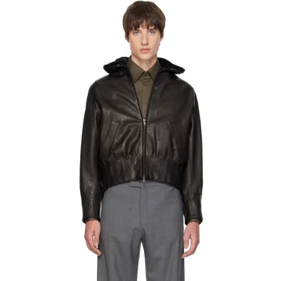 Aaron Esh Black Shearling Collar Leather Bomber