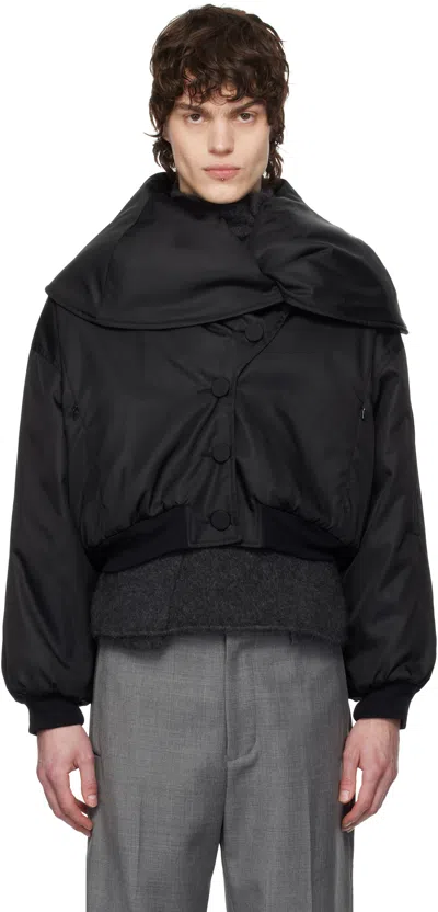 Aaron Esh Black Shoulder Lapel Bomber Jacket In Black Nylon