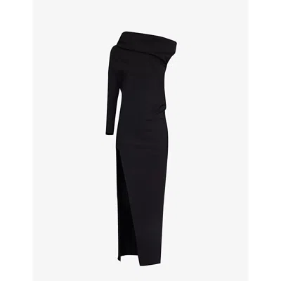 Aaron Esh Womens Black One-shoulder Split-hem Woven Maxi Dress