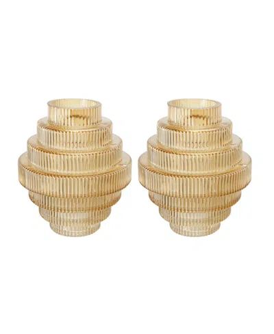 Ab Home Ribbed Geometric Glass Vase, Set Of 2 In Amber Luster