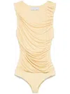 Abadia Draped Pastel Yellow Bamboo Rayon Bodysuit In Yellow