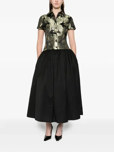 Abadia Gathered Floral-brocade And Twill Midi Dress In Black
