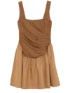 Abadia Kaia Ruched Chiffon And Twill Mini Dress In Brown