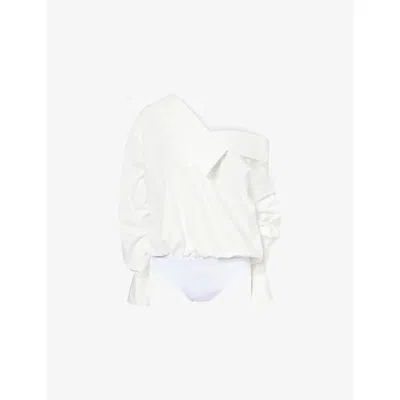 Abadia One-shoulder Topstitched Cotton-blend Poplin And Jersey Bodysuit In White