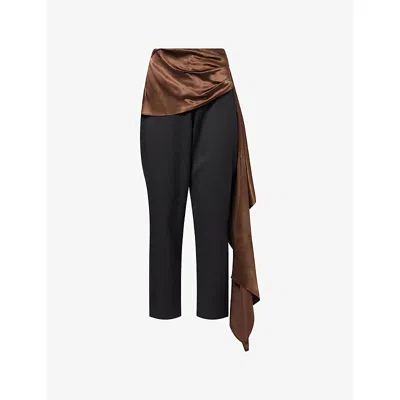 Abadia Womens Draped-scarf Cropped Wool-blend Trousers Black Brown