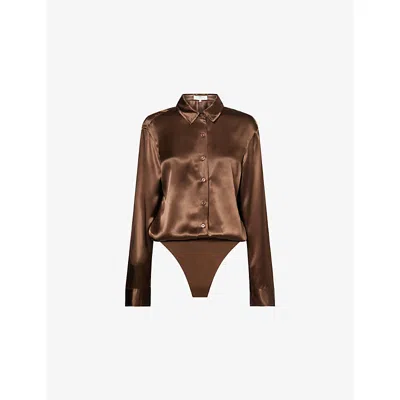 Abadia Womens Long-sleeve Classic-collar Satin Shirt Brown