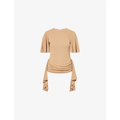 Abadia Womens Ruched Frill Stretch-woven T-shirt Tan Xs