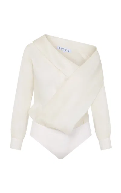 Abadia Wrap Off Shoulder Bodysuit In Organza In Ivory