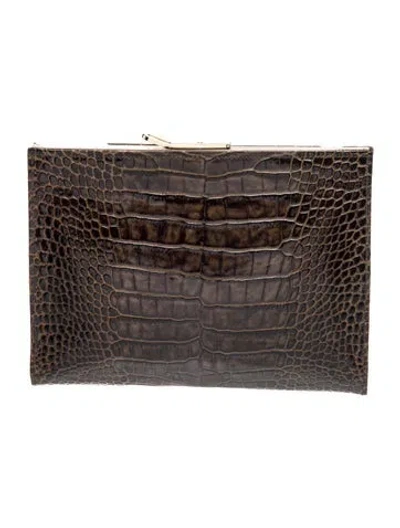 Pre-owned Abas Embossed Leather Clutch In Brown
