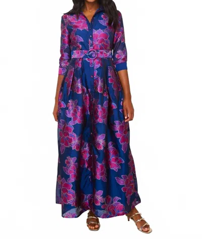 Abbey Glass Cecilia Gown In Navy Peony Organza In Blue