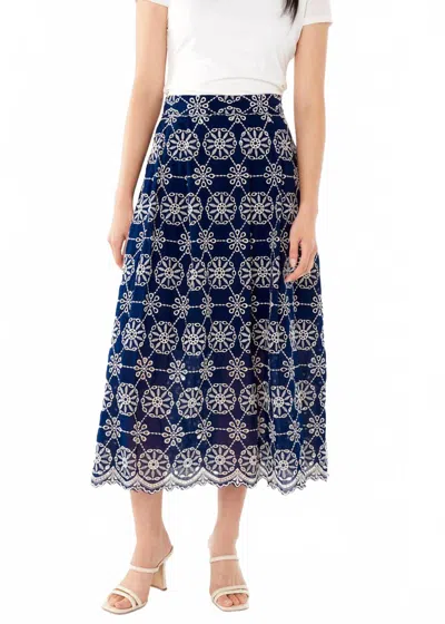 Abbey Glass Medallion Print Midi Skirt In Navy White Eyelet In Multi