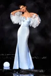 Abdo Aoude Couture Crepe Gown With Ruffled Sleeves In Blue