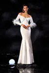 Abdo Aoude Couture Off The Shoulder Crepe Gown With Feathers In Ivory