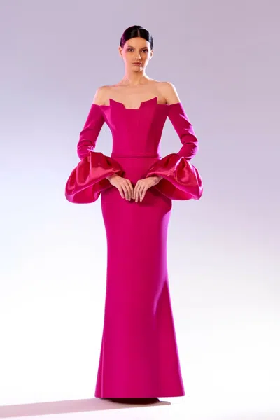 Abdo Aoude Couture Organza Puff Sleeve Gown In Pink