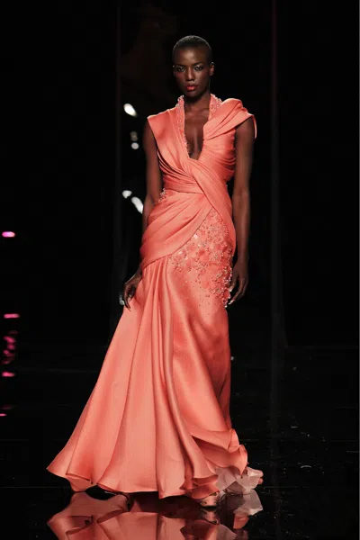 Abed Mahfouz Asymmetrical Gown With Flared Side In Pink