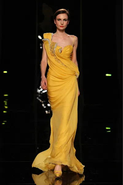 Abed Mahfouz Asymmetrical Sleeve Gown In Yellow