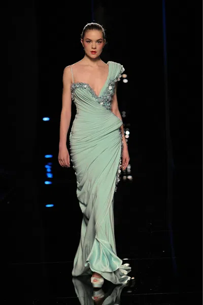 Abed Mahfouz Asymmetrical Sleeve Gown With Embellishments In Blue