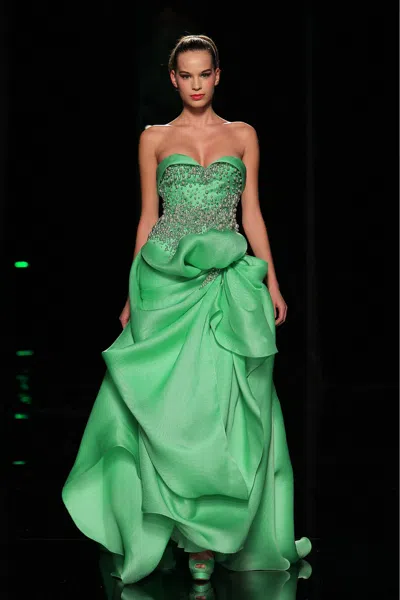 Abed Mahfouz Beaded Bodice A-line Gown With Train In Green