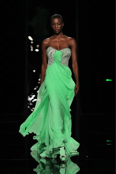 Abed Mahfouz Beaded Bodice Gown With Train In Green