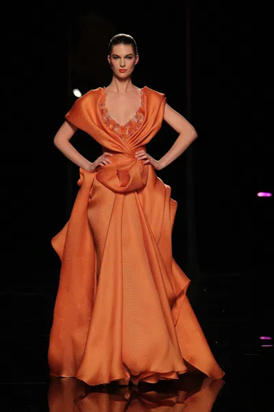 Abed Mahfouz Draped Beaded Bodice A-line Gown In Orange
