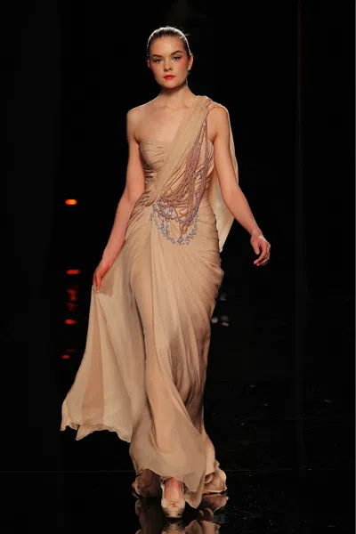 Abed Mahfouz Draped Embellished One Shoulder Gown In Beige