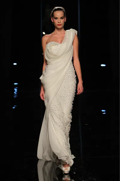 Abed Mahfouz Draped One Shoulder Gown With Embellishments In Ivory