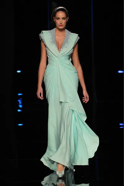 Abed Mahfouz Embellished Neck Draped Gown In Blue