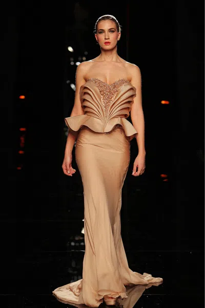 Abed Mahfouz Embellished Sculpted Peplum Gown In Beige