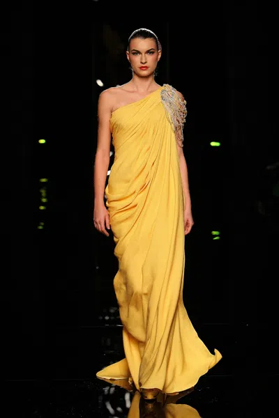 Abed Mahfouz Embellished Shoulder Gown In Yellow