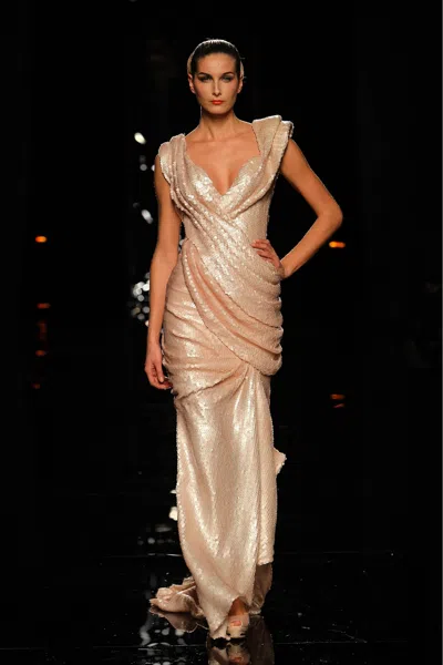 Abed Mahfouz Fully Sequin Embellished Gown In Beige