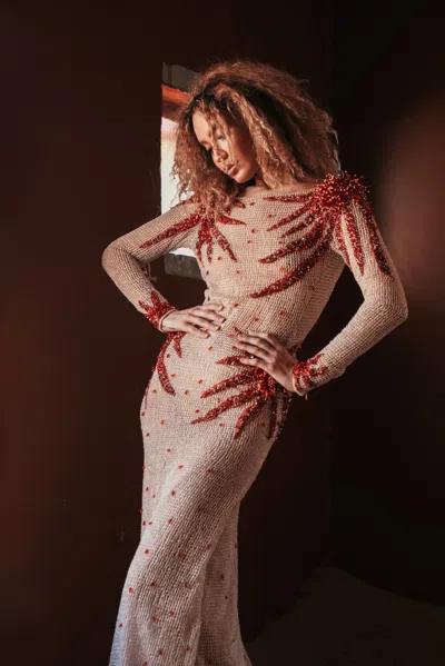 Abed Mahfouz Long Sleeve Beaded Gown In Ivory