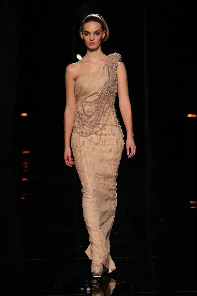 Abed Mahfouz One Shoulder Gown With Draped Embellishments In Beige