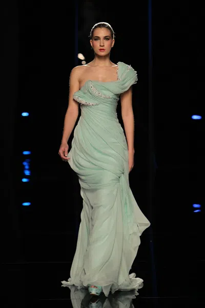 Abed Mahfouz One Shoulder Ruffled Gown With Train In Blue