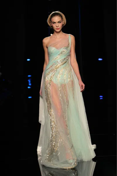 Abed Mahfouz One Shoulder Semi-sheer Embellished Gown In Blue