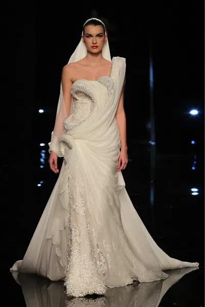 Abed Mahfouz Sculpted One Shoulder Gown With Train In Ivory