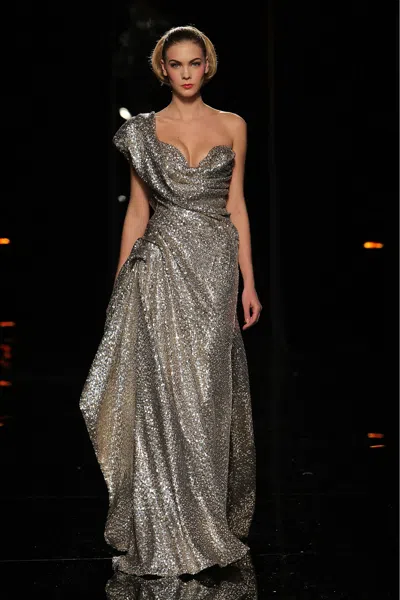 Abed Mahfouz Shimmering One Shoulder Gown In Gray