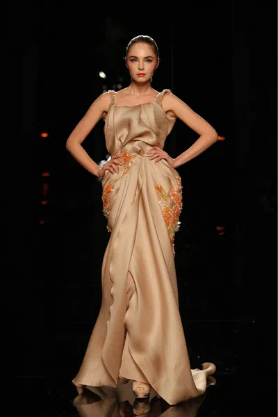 Abed Mahfouz Sleeveless Embellished Fit And Flare Gown In Beige