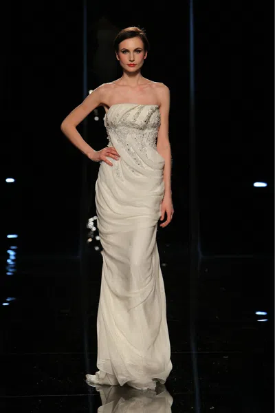 Abed Mahfouz Strapless Beaded Bodice Draped Gown In Ivory