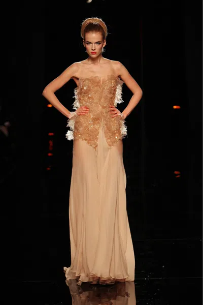 Abed Mahfouz Strapless Embellished Bodice Gown In Beige