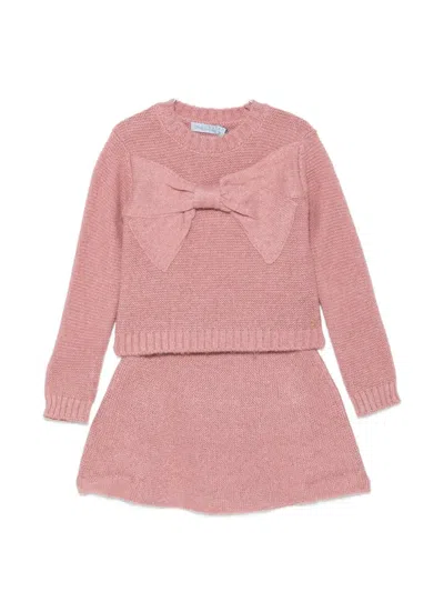 Abel & Lula Kids' Bow-detail Knit Sweater And Skirt Set In Pink