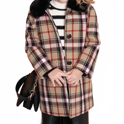 Abel & Lula Kids' Faux Fur Collar Plaid Coat In Tan In Brown