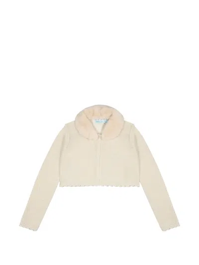 Abel & Lula Kids' Faux-fur Collar Scalloped Cardigan In Neutrals