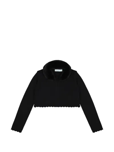 Abel & Lula Kids' Faux-fur Collar Scalloped-edge Cardigan In Black