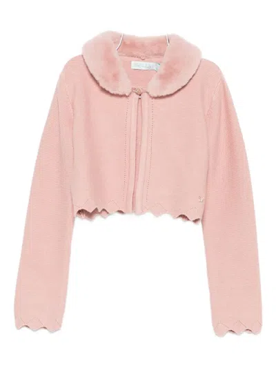 Abel & Lula Kids' Fur-collar Scalloped Cardigan In Pink